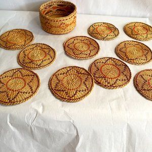 Vintage Woven Wicker Rattan Boho Hippie Drink Coasters in Holder  11-pc Set